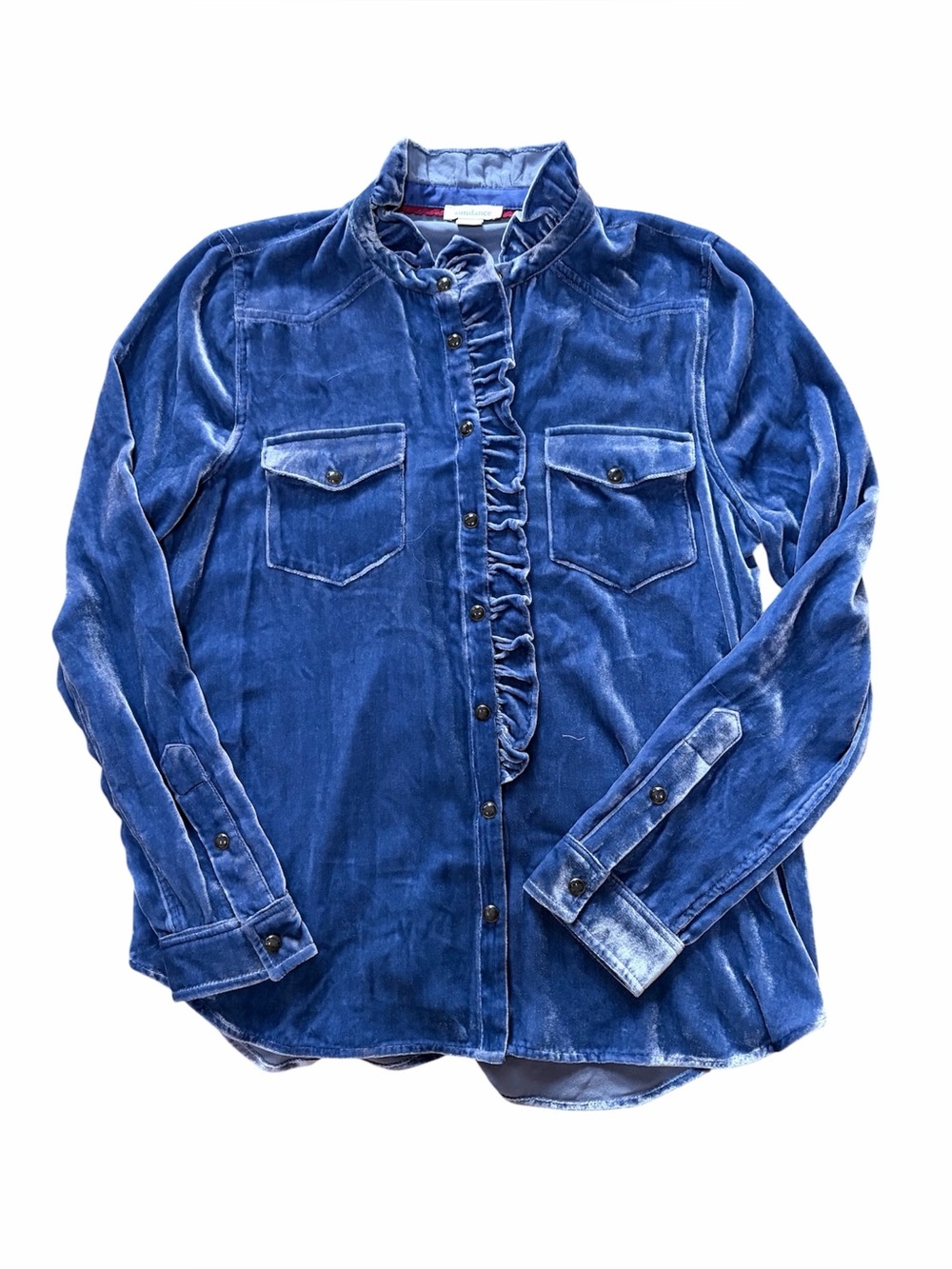 Sundance Gretel Blue Silk Velvet Ruffle Western Snap Shirt S